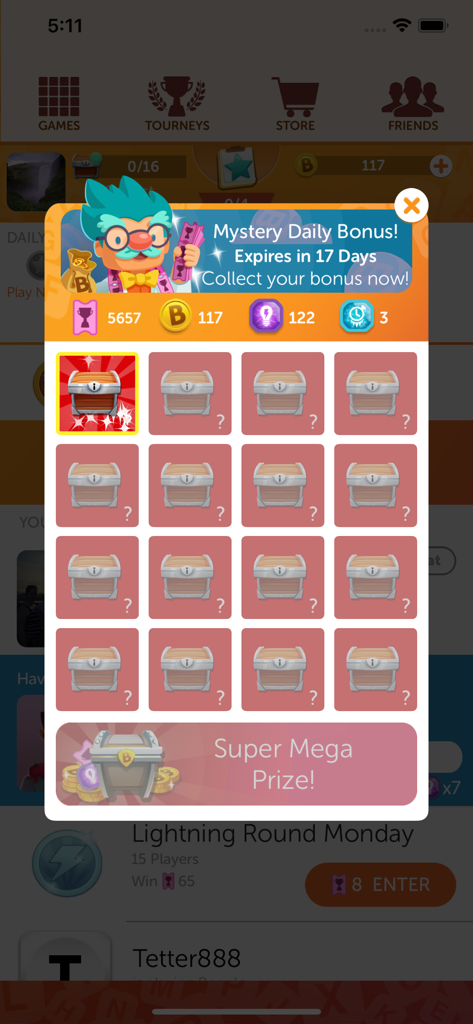 Écran de récompense de bonus quotidien mystère de Boggle With Friends avec une grille de coffres au trésor et un personnage de coach cartoon.