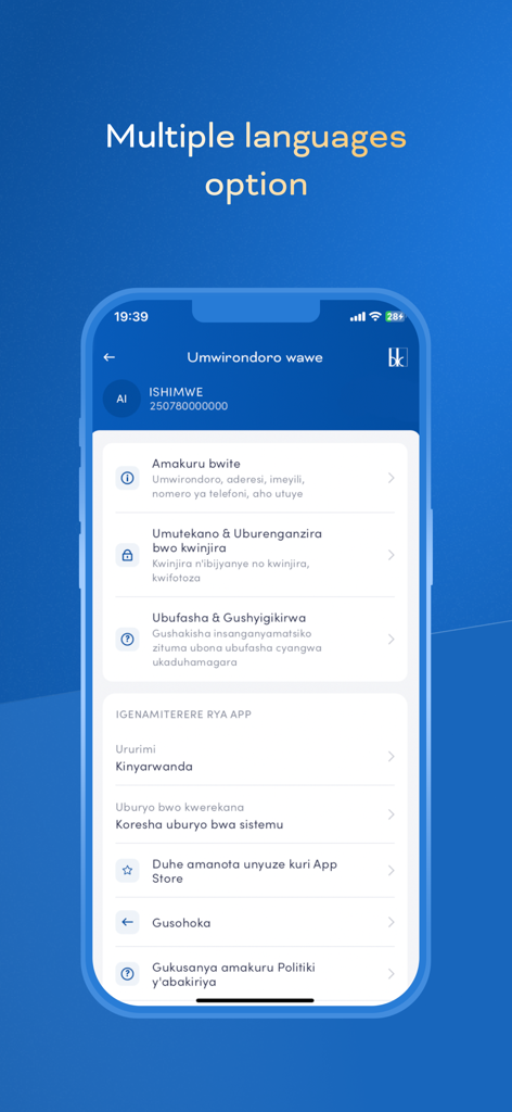 Bank of Kigali Mobile Banking - Bank of Kigali mobile banking app profile settings screen showing language options and personal information in Kinyarwanda.