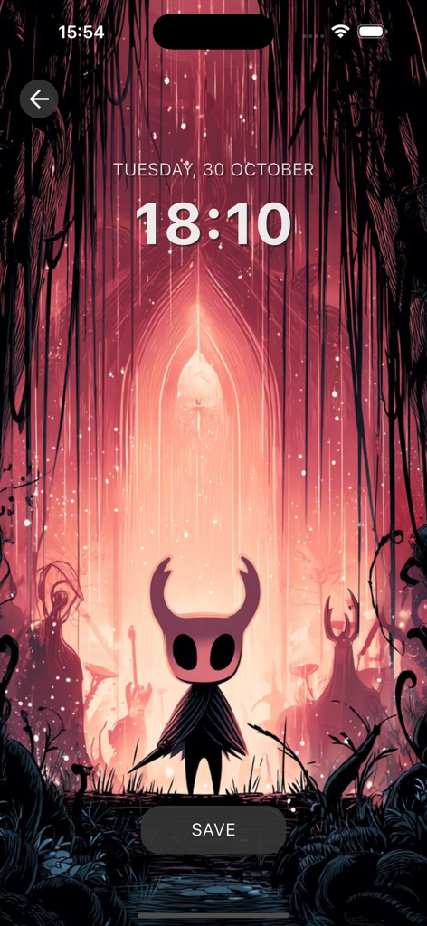 Fanart Silksong Wallpaper HD+ - An iPhone lock screen preview featuring a red-toned Silksong fanart wallpaper with a save button