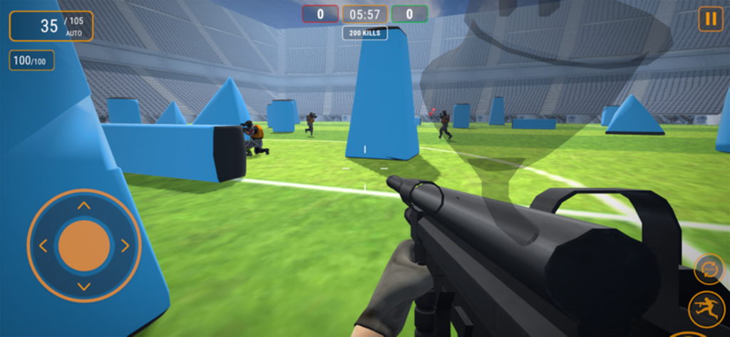Paintball Battle Arena 3D - First person view of a 3D paintball battle in an outdoor arena with obstacles