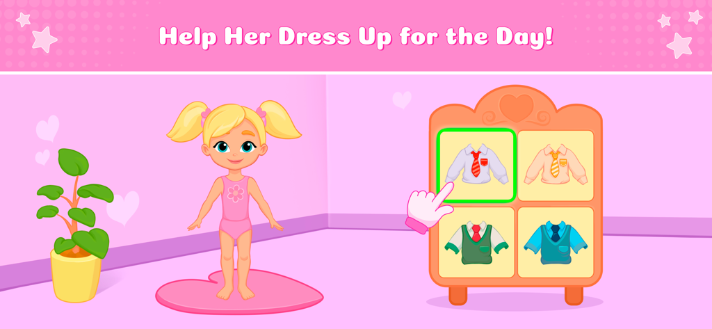 Dress Up Games for Kids: Girls - Una niña de dibujos animados seleccionando ropa escolar de un armario en un juego de vestir rosa para bebés.