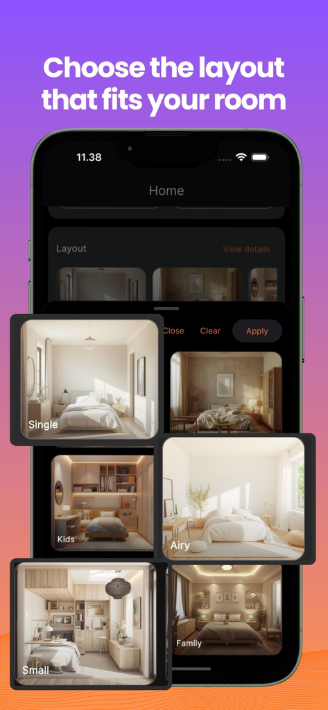 Bedroom Design AI Planner - A mobile interface for choosing various bedroom layout designs including single kids airy and small styles