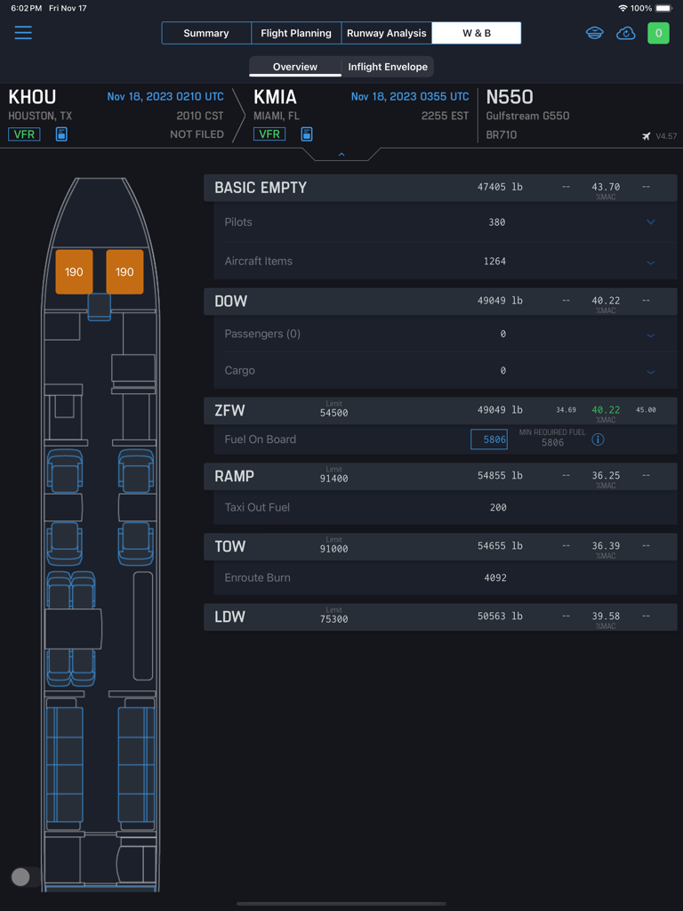 Genesis PRO - Genesis PRO app showing weight and balance calculations for a Gulfstream G550 on an iPad