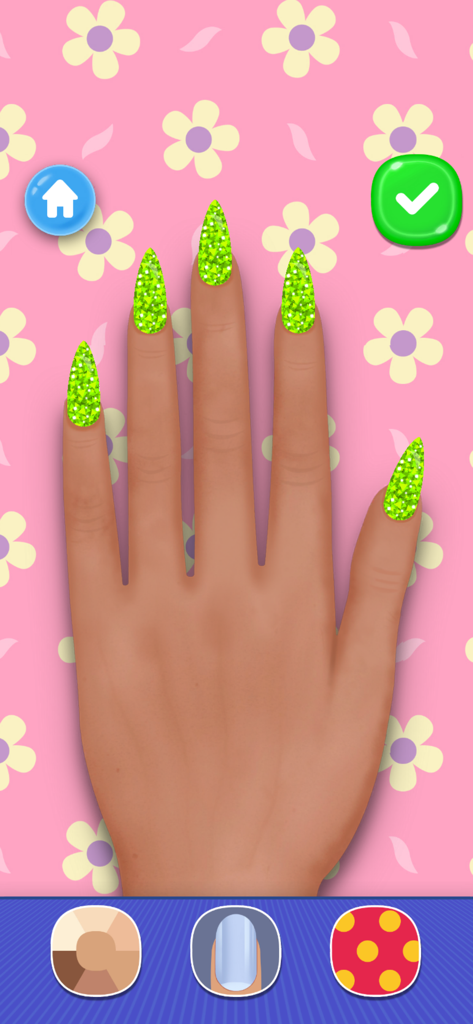 Girls Nail Salon: Paint,Polish - Una mano virtual con uñas stiletto largas pintadas con esmalte de purpurina verde brillante dentro de la aplicación del salón de uñas.