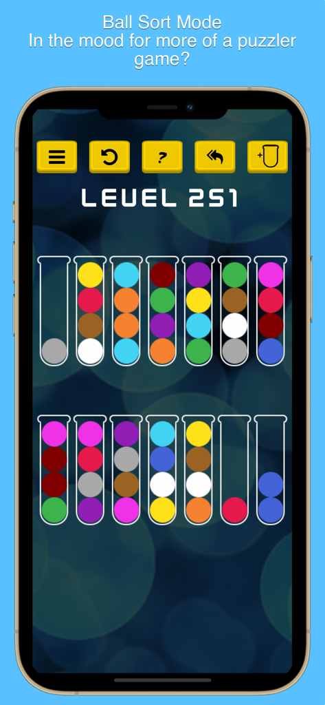 Balls, Bricks, & Puzzles - A mobile screen showing a ball sort puzzle level with colored balls in glass test tubes.