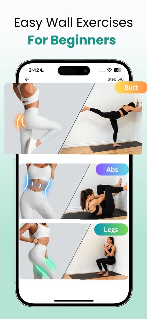 Pantalla móvil que muestra ejercicios de Wall Pilates para principiantes para glúteos, abdominales y piernas