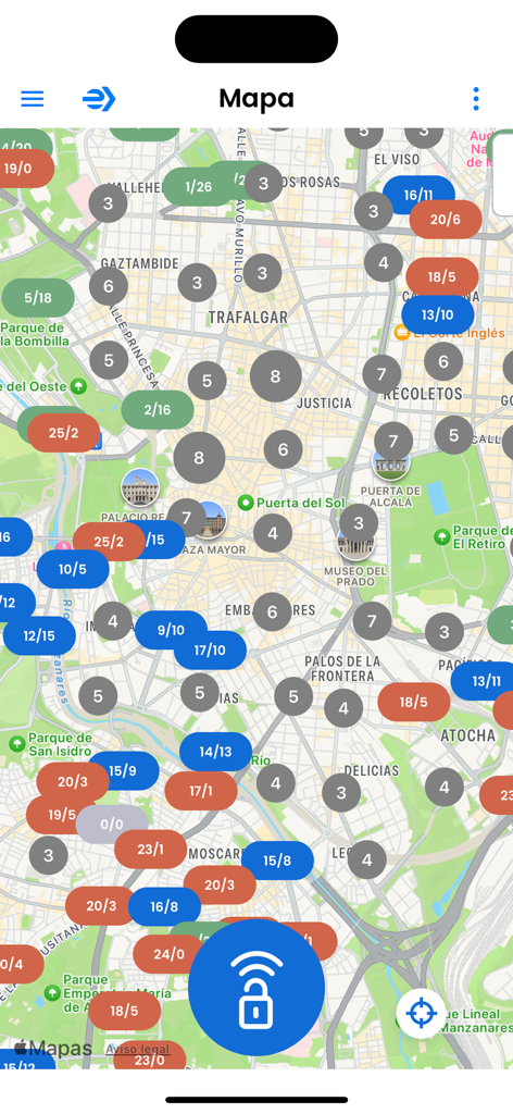 Interfaz del mapa de la app Bicimad que muestra la disponibilidad de estaciones de bicicletas en Madrid