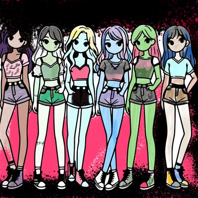 a group of girls wearing crop tops and shorts