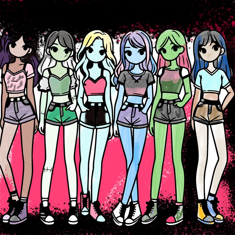 a group of girls wearing crop tops and shorts