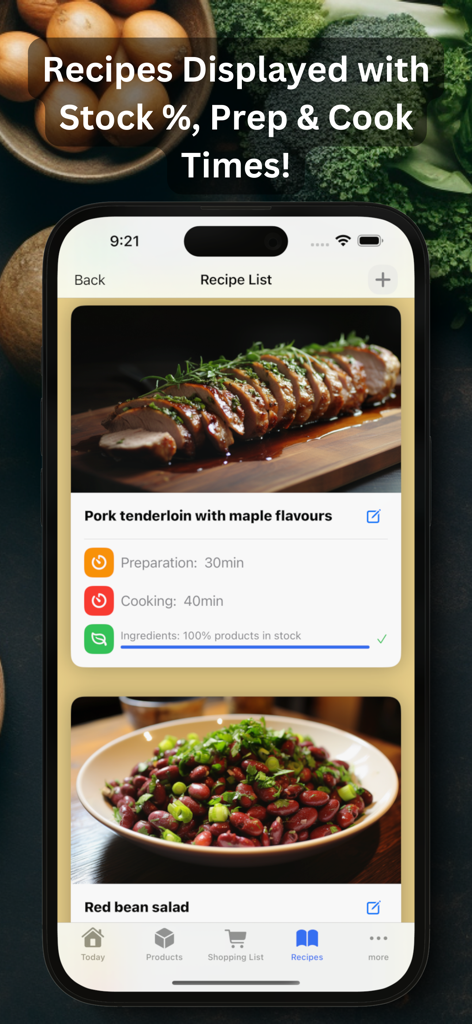 Meal Planner - Grocery List - Meal planner app interface displaying recipes with preparation times and pantry stock levels