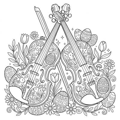 Get ready for a magical Easter celebration with this unique coloring page featuring two charming fiddles adorned with festive spring details. Discover cute bunnies, patterned eggs, and blooming flowers nestled among the musical instruments, perfect for a joyful coloring session.