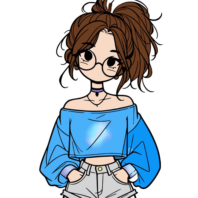 girl with a messy ponytail glasses a baggy crop top and jean shorts