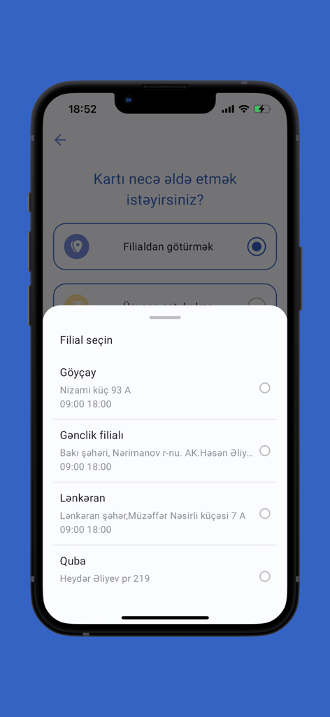 İnternational BOKT - International BOKT mobile app screen showing options for selecting a branch location to pick up a card