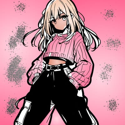 anime teen girl with baggy pants and crop top with sweater