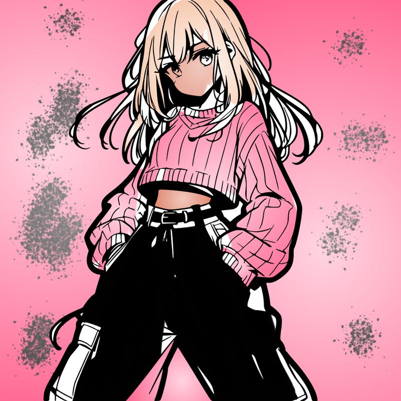 anime teen girl with baggy pants and crop top with sweater