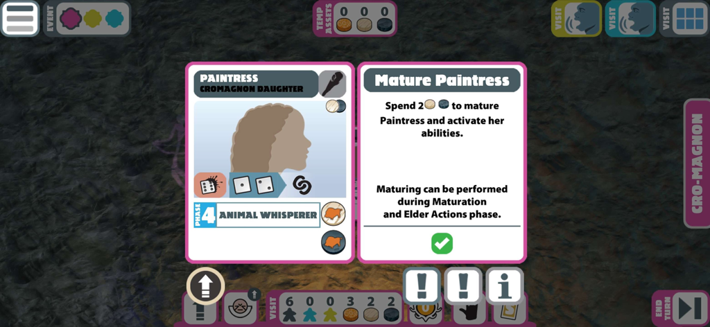 Neanderthal board game Premium - Gameplay screen of Neanderthal board game displaying a Paintress character card and maturation rules