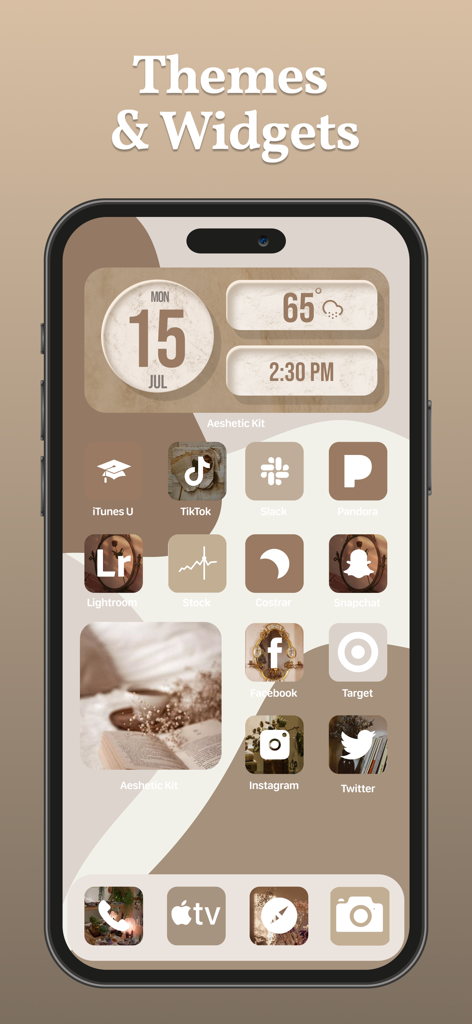 aesthetic kit: widgets, themes - Aesthetic Kitアプリのカスタムウィジェットとアイコンを備えた、ベージュのミニマリストテーマのiPhoneホーム画面