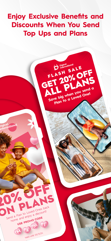 Digicel International - Digicel International app promotion screens showing twenty percent discounts on top ups and plans