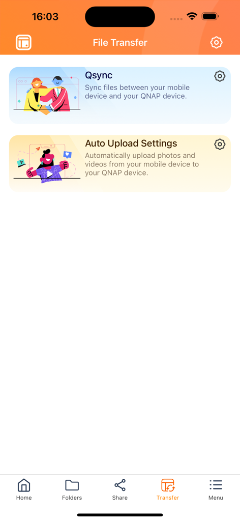 Qsyncファイル同期と自動アップロード設定のオプションを表示するQfile Proアプリのインターフェース
