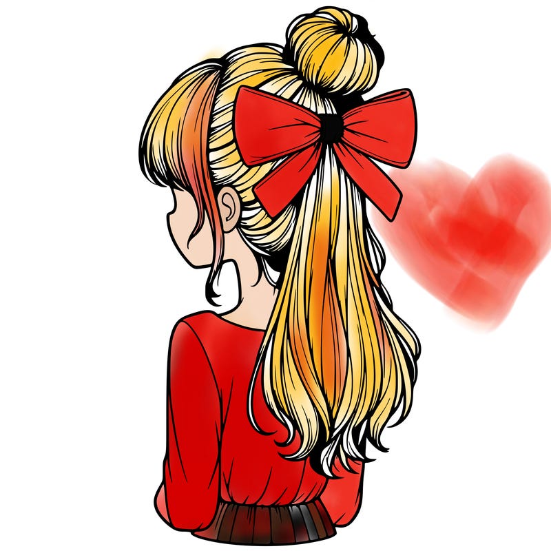 realistic girl  with hip length hair a bun and a big bow on the back of head