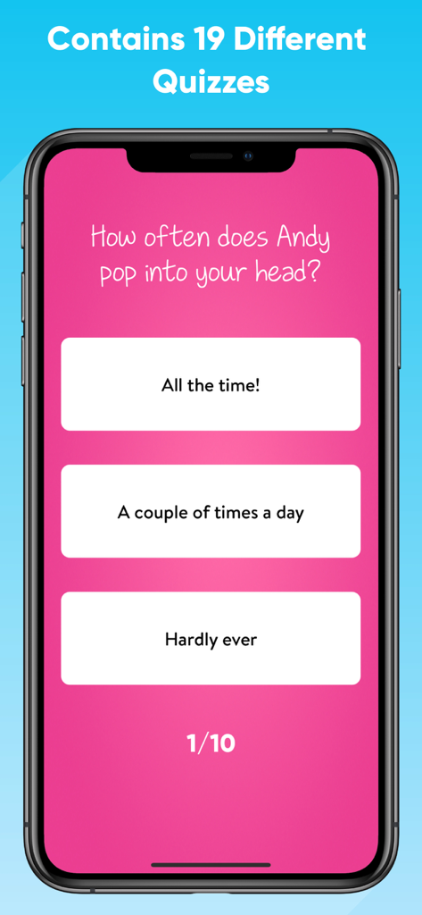 A pink smartphone screen showing a love compatibility quiz question about a crush with three multiple-choice answers.