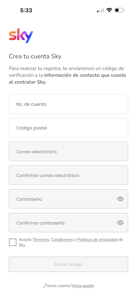 Pantalla de registro de cuenta para la aplicación móvil Mi App Sky.