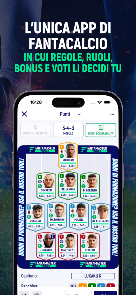 Interfaccia dell'app FantaMaster che mostra una formazione di fantacalcio 3-4-3 e statistiche dei giocatori