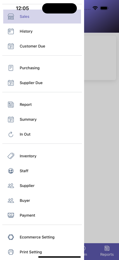 Ez POS - Online Cashier App - Ez POS app sidebar menu displaying business management features like sales inventory and staff