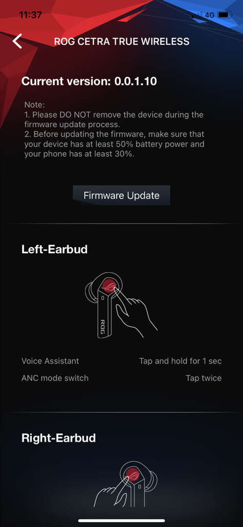 Interfaz de la aplicación Armoury Crate que muestra las opciones de actualización de firmware y los controles táctiles para los auriculares ROG Cetra True Wireless.