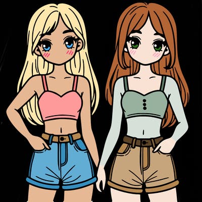 two sisters with crop tops and jean shorts and straight hair