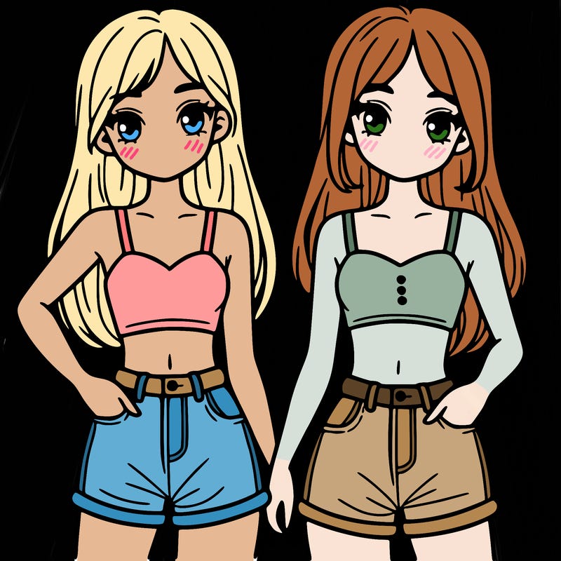 two sisters with crop tops and jean shorts and straight hair