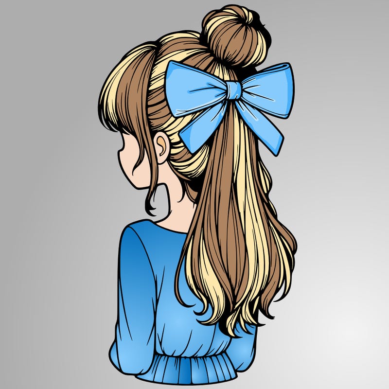 realistic girl  with hip length hair a bun and a big bow on the back of head