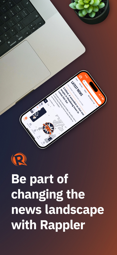 Rappler: PH News & Community - Smartphone displaying the Rappler news app interface with latest news headlines next to a laptop and succulent.