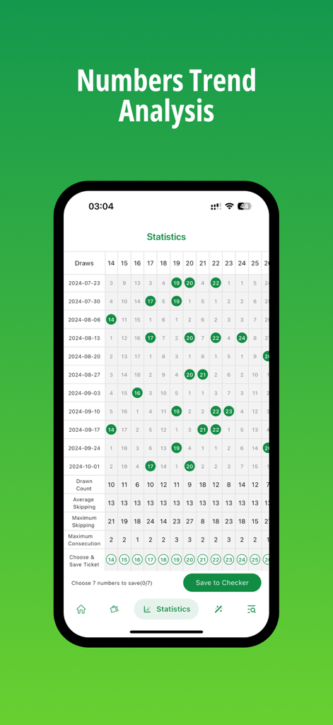 OZ Lotto - OZロトアプリの番号トレンド分析画面に、ハイライトされた番号が付いた宝くじ抽選結果の過去の統計テーブルが表示されています