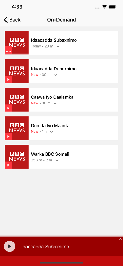 BBC News Somali - BBC News Somali app displaying a list of on-demand radio programs