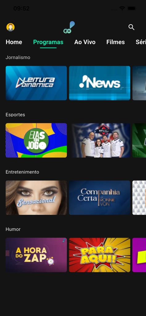 RedeTV GO - Interface of the RedeTV GO app displaying categories for Brazilian journalism sports entertainment and humor programs