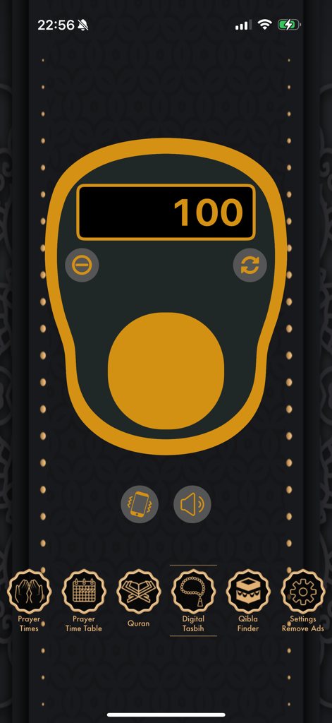 Digital Tasbih counter interface for dhikr with a count of 100 on a dark background.