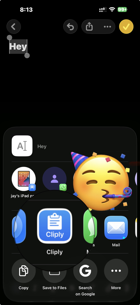 Cliply - Clipboard Manager - iOS share sheet interface showing the Cliply app icon for easy clipboard management