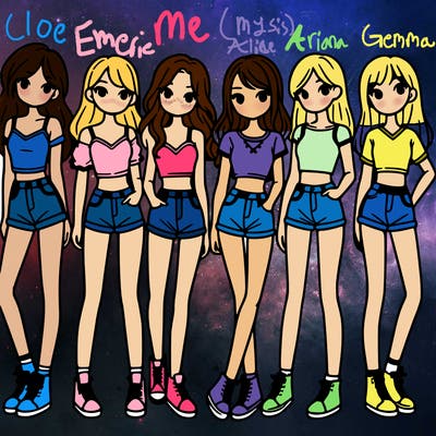 a group of girls wearing crop tops and shorts