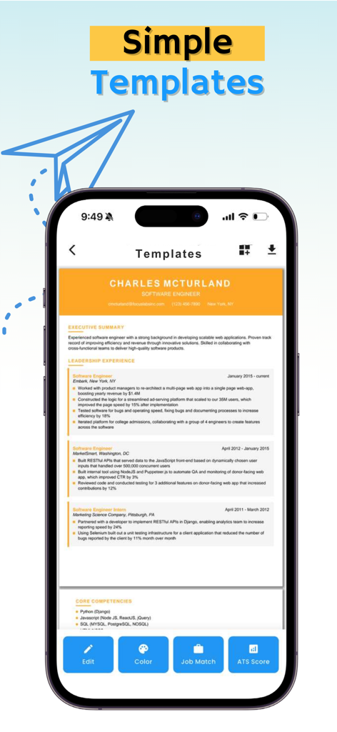 Resume generator AI: ResAI - Professional software engineer resume template displayed on a smartphone screen within the ResAI app