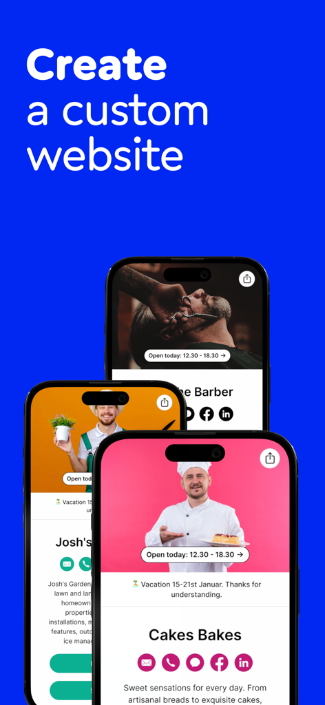 Appointment Scheduler: Billdu - Three iPhones showing custom booking websites for a barber, gardener, and bakery created with the Billdu app.