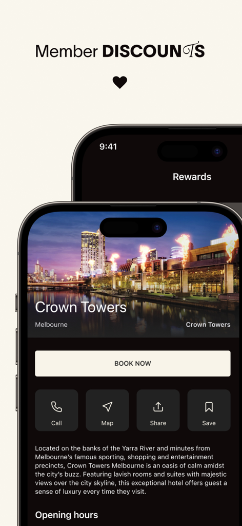 Crown Resorts - Crown Resorts mobile app interface for luxury hotel booking and member discounts