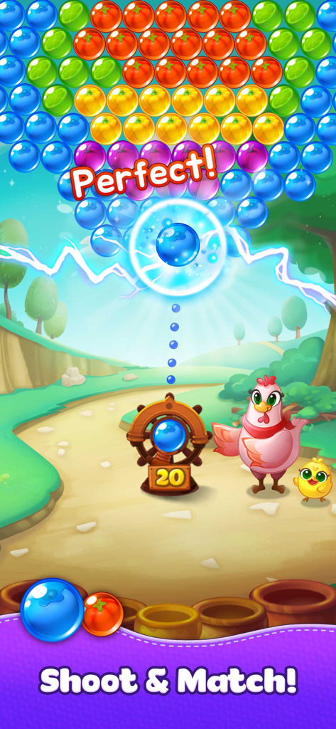 Bubble CoCo Match 3 Shooter gameplay featuring CoCo the hen and colorful bubbles