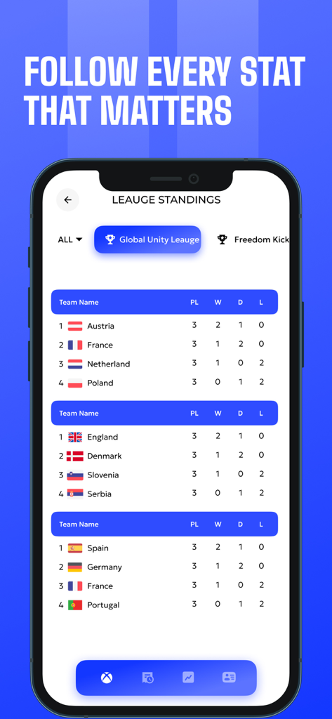Aplicación Football Live TV que muestra las clasificaciones de la liga y las posiciones de los equipos.