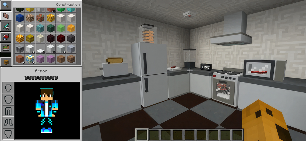 Addons for Minecraft World - Una escena de cocina de Minecraft con addons de muebles realistas que incluyen un refrigerador, estufa y microondas.