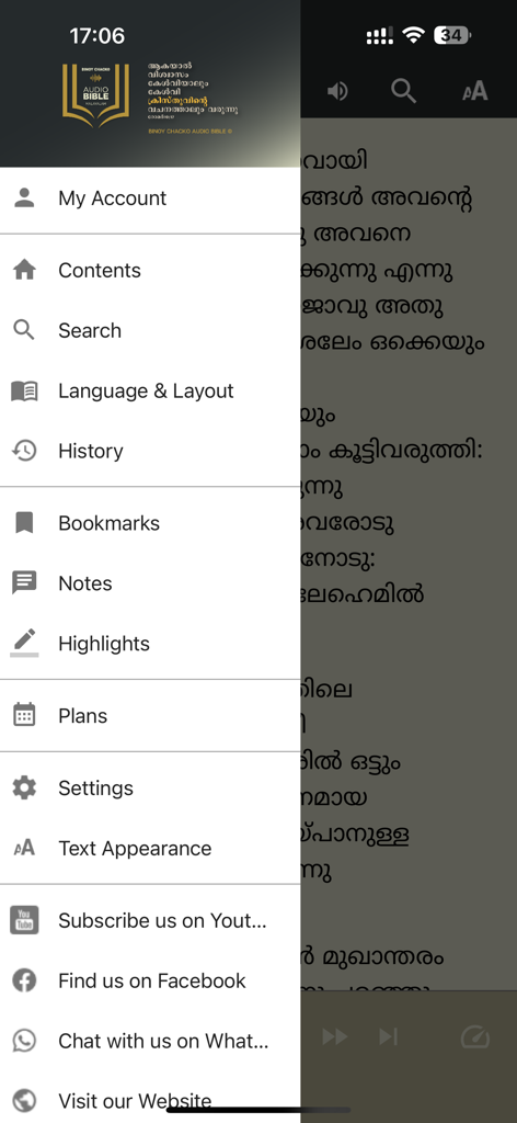 Binoy Chacko Audio Bible - Menú de navegación lateral de la aplicación Biblia en Audio de Binoy Chacko mostrando texto Malayalam y configuraciones