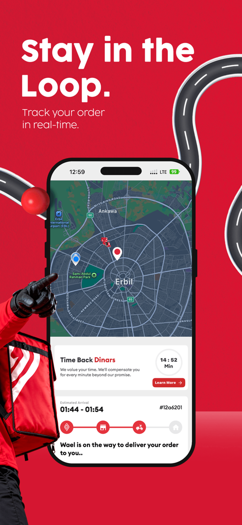 Lezzoo:Food & Grocery Delivery - Lezzoo mobile app screen showing real-time delivery tracking on a map with estimated arrival time