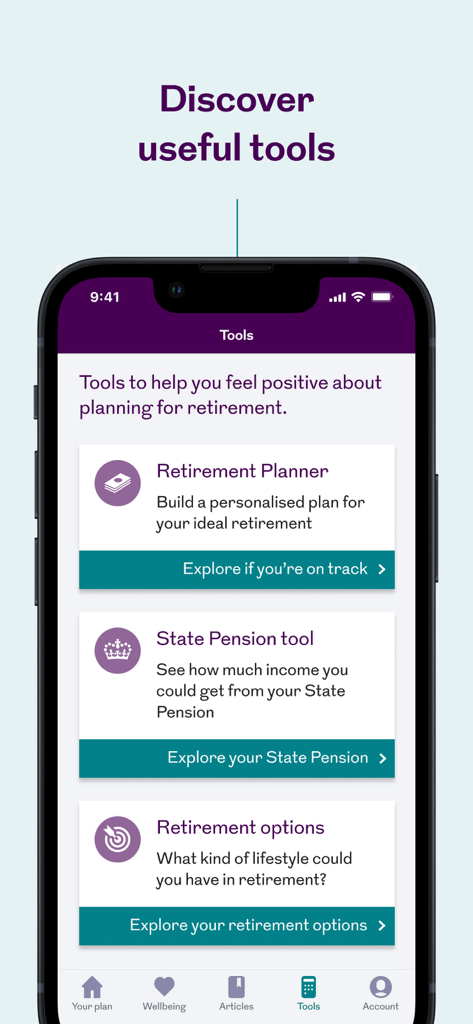 Royal London app interface showing retirement planner and pension tools