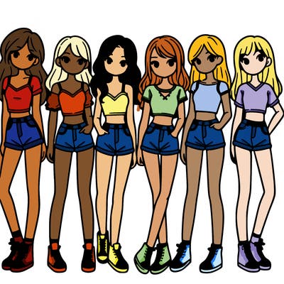 a group of girls wearing crop tops and shorts