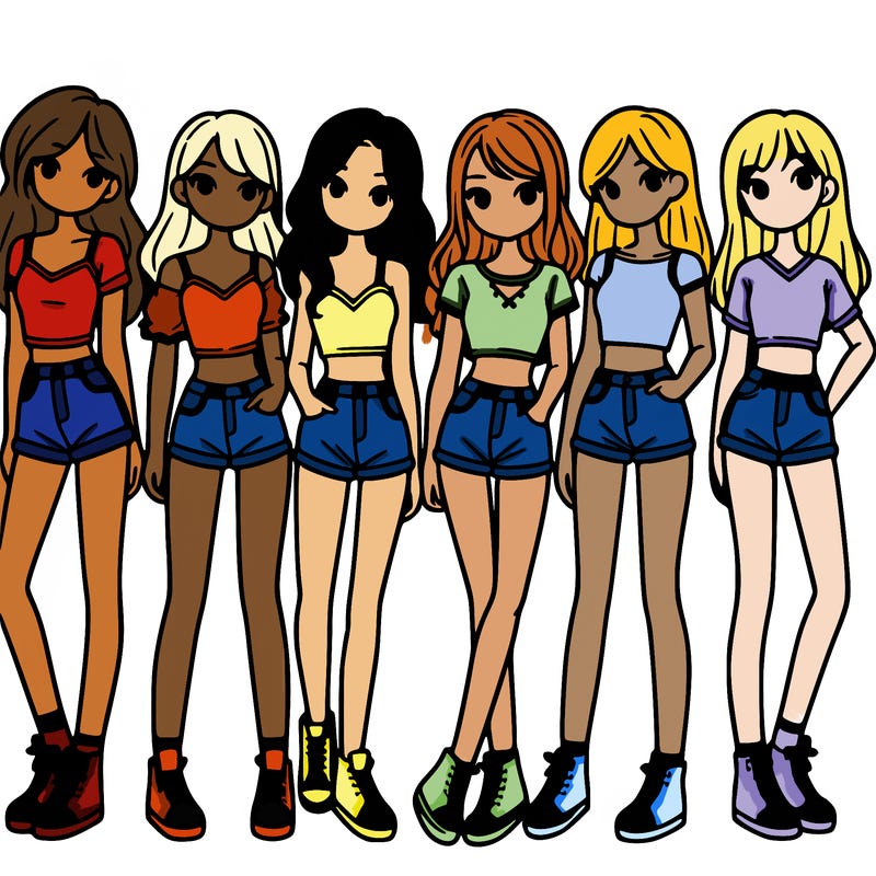 a group of girls wearing crop tops and shorts